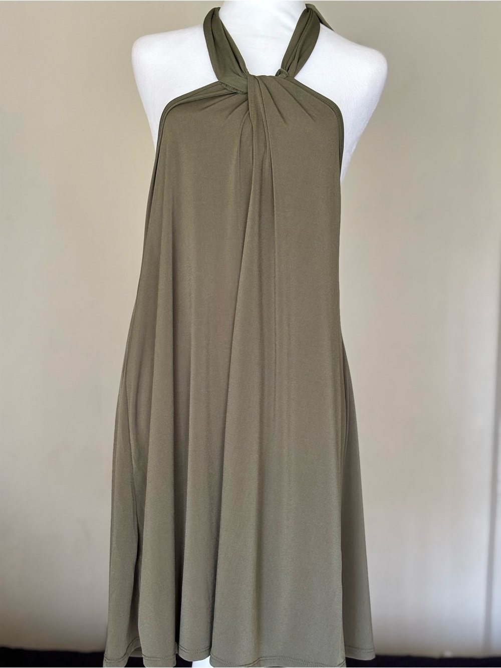 VENUS Olive Green Halter Tie Neck Sleeveless A-line Knee Dress Large